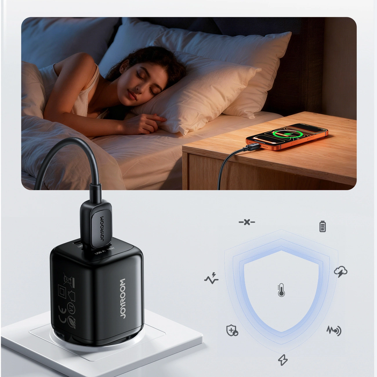Carregador de Rede com Cabo USB-C Joyroom JR-TG7, 33W, 3A, 1 x USB-A - 1 x USB-C, Preto
