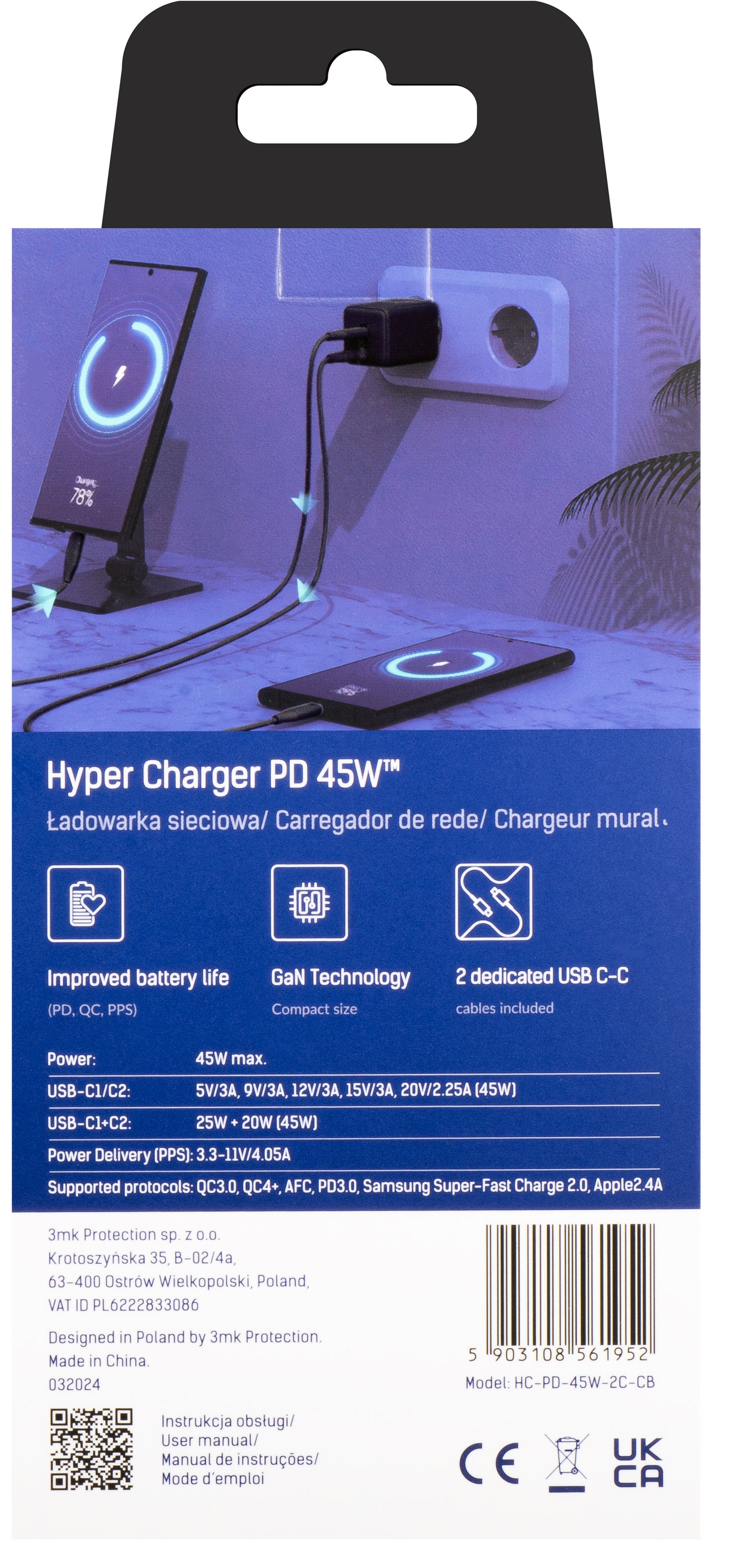 Carregador de rede 3MK HyperCharger com cabo USB-C, 45W, 3A, 2 x USB-C, preto 