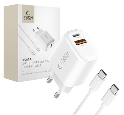 Carregador de Rede com Cabo USB-C Tech-Protect NCA20, 20W, 3A, 1 x USB-A - 1 x USB-C, Branco