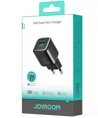 Carregador de Rede com Cabo Lightning Joyroom JR-TG7, 33W, 3A, 1 x USB-A - 1 x USB-C, Preto