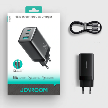 Carregador de Rede com Cabo USB-C Joyroom JR-TG10, 65W, 3.25A, 1 x USB-A - 2 x USB-C, Preto