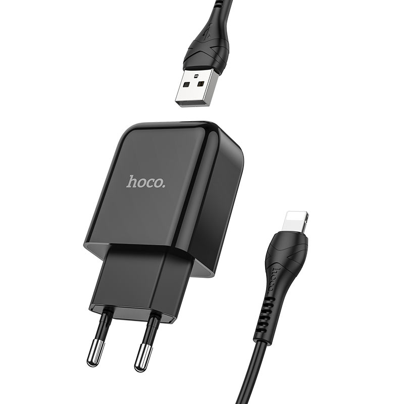 Carregador de Rede com Cabo Lightning HOCO N2, 10W, 2A, 1 x USB-A, Preto