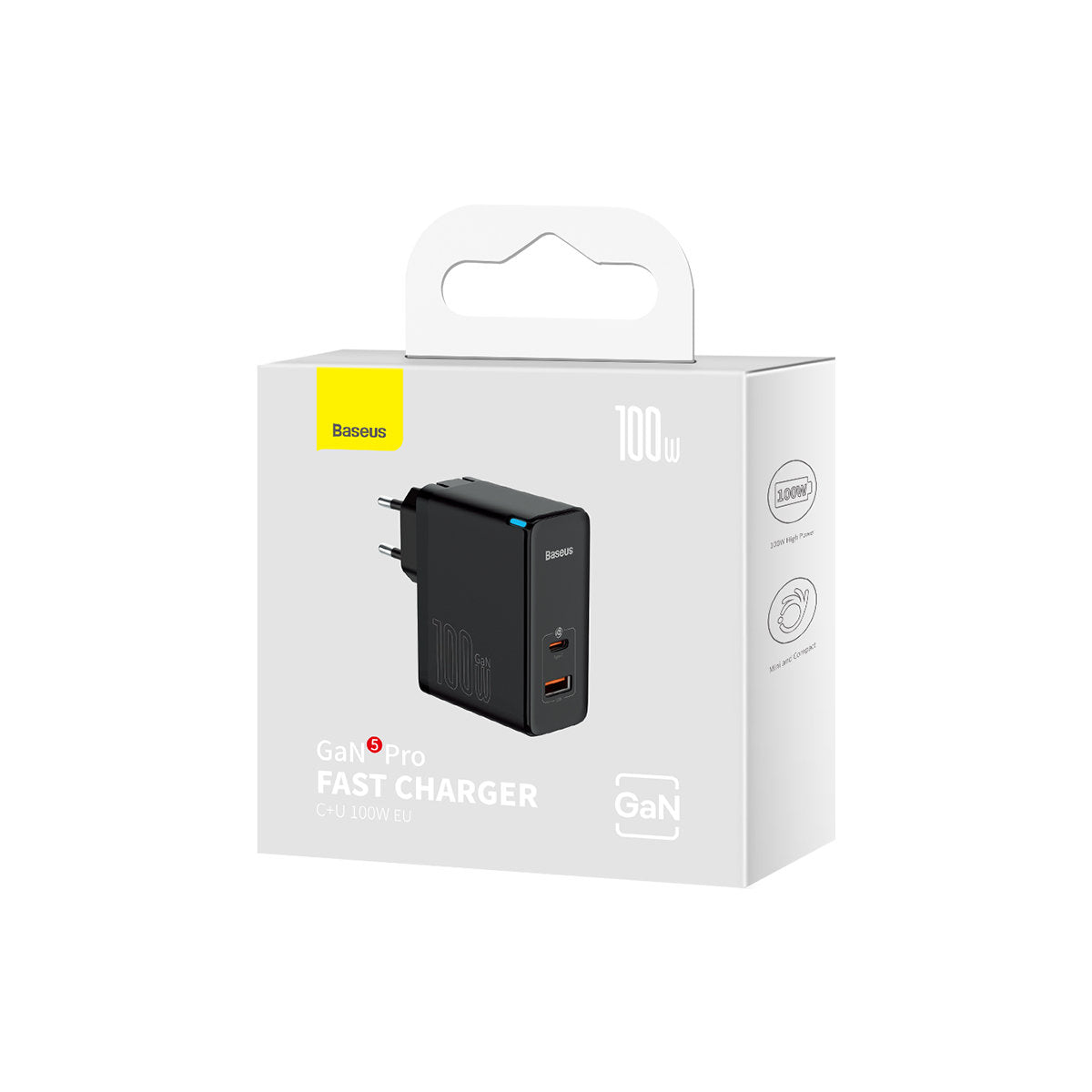 Carregador de Rede com Cabo USB-C Baseus GaN5 Pro, 100W, 3A, 1 x USB-A - 1 x USB-C, Preto CCGP090201