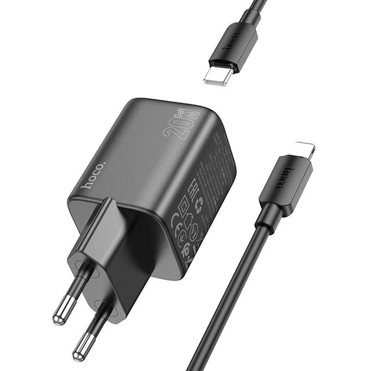 Carregador de Rede com Cabo Lightning HOCO N41, 20W, 3A, 1 x USB-A - 1 x USB-C, Preto
