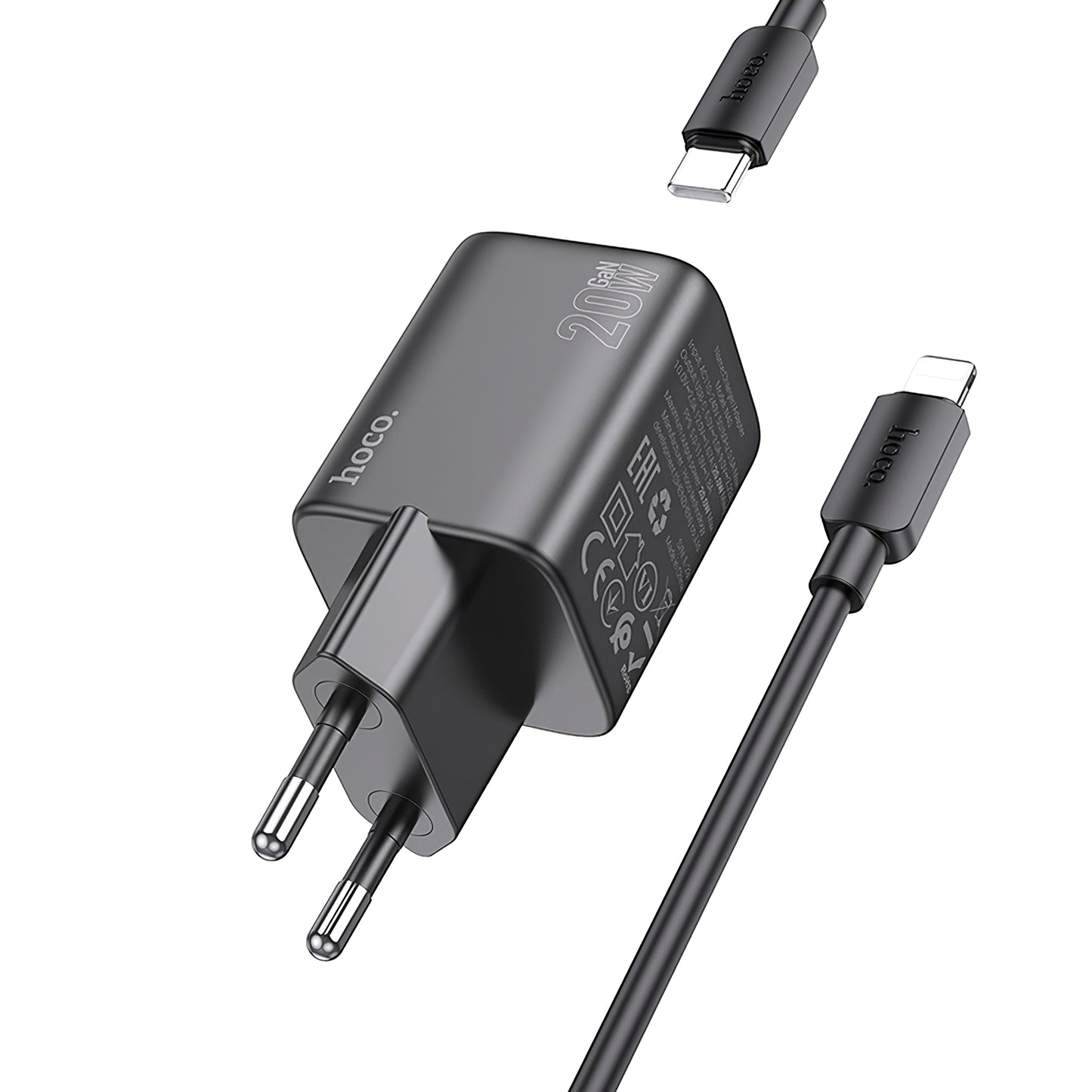 Carregador de rede com cabo Lightning HOCO N40, 20W, 3A, 1 x USB-C, preto 