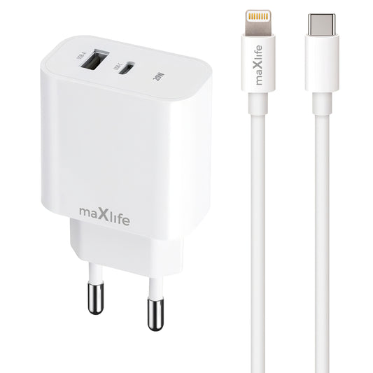 MaXlife MXTC-06-20AC Carregador de rede MaXlife MXTC-06-20AC com cabo Lightning, 20W, 3A, 1 x USB-A - 1 x USB-C, branco 