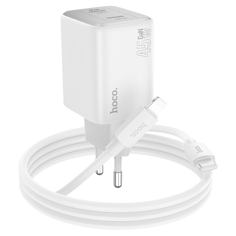 Carregador de rede com cabo Lightning HOCO N42, 45W, 3A, 2 x USB-C, branco 