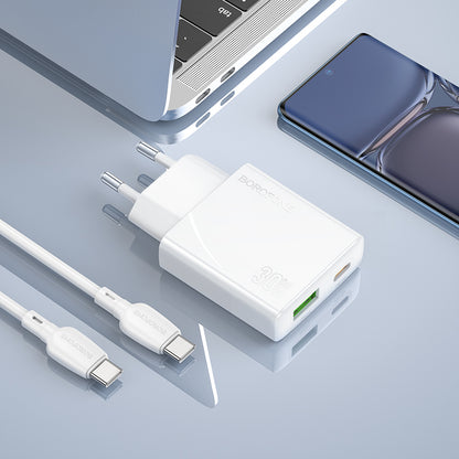 Carregador de rede com cabo USB-C Borofone BN25 Wish, 30W, 3A, 1 x USB-A - 1 x USB-C, branco 