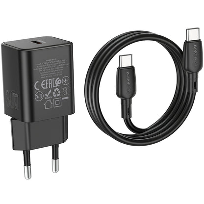 Carregador de rede com cabo USB-C Borofone BN13 Safety, 30W, 3A, 1 x USB-C, preto 