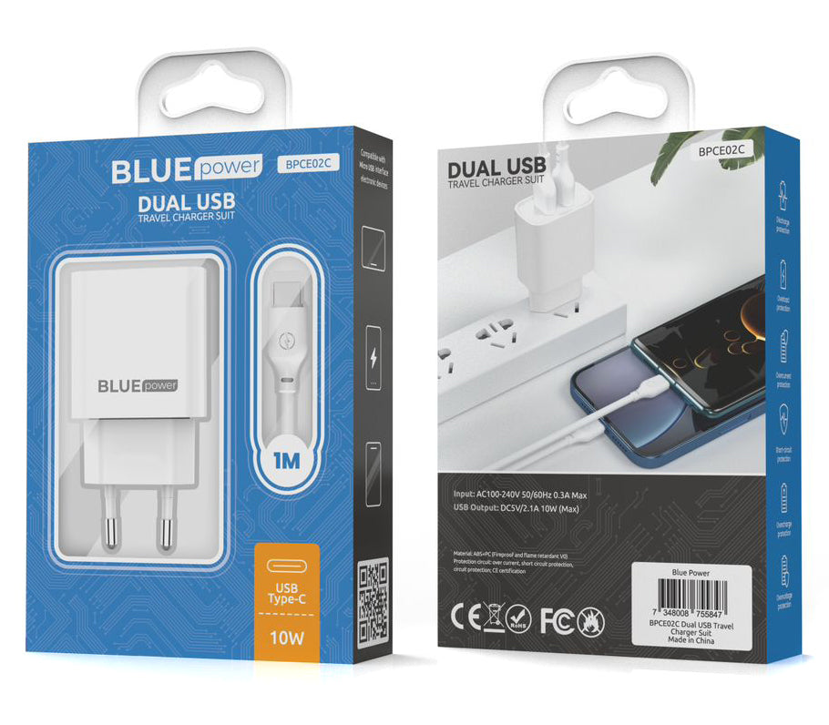 Carregador de rede com cabo USB-C Blue Power BPCE02C, 10,5 W, 2,1 A, 2 x USB-A, branco