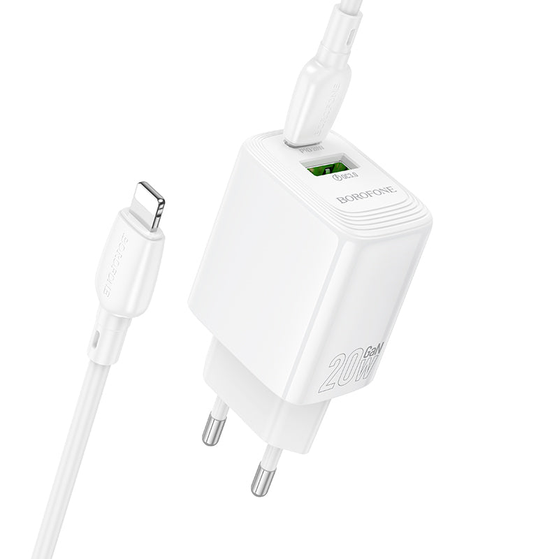 Carregador de Rede com Cabo Lightning Borofone BN27 Fuente, 20W, 3A, 1 x USB-A - 1 x USB-C, Branco