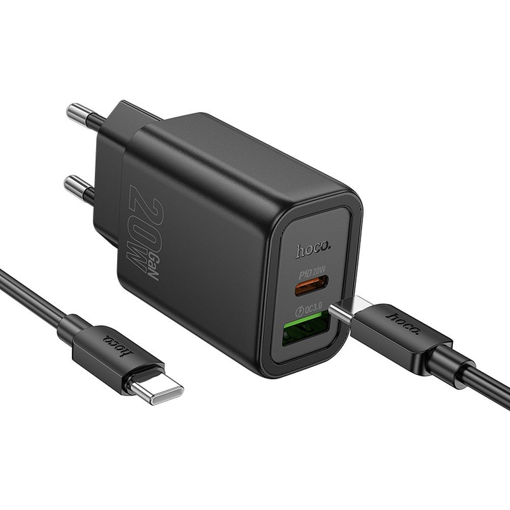 Carregador de Rede com Cabo Lightning HOCO N61, 20W, 3A, 1 x USB-A - 1 x USB-C, Preto