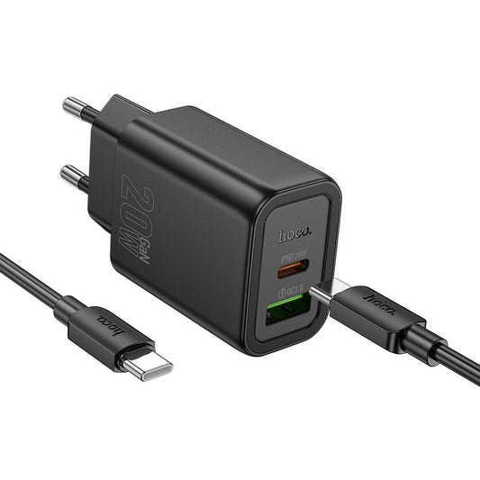 Carregador de Rede com Cabo Lightning HOCO N61, 20W, 3A, 1 x USB-A - 1 x USB-C, Preto