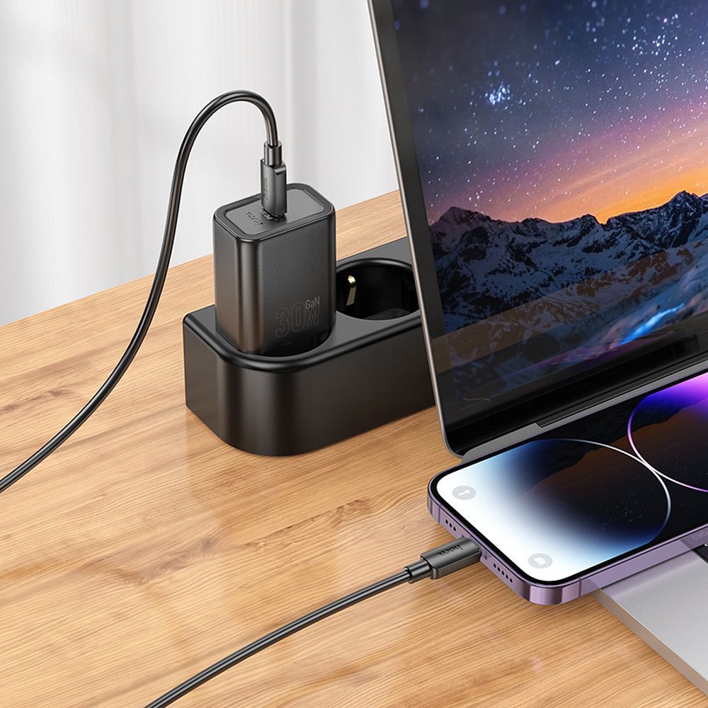 Carregador de Rede com Cabo Lightning HOCO N62, 30W, 3A, 1 x USB-C, Preto