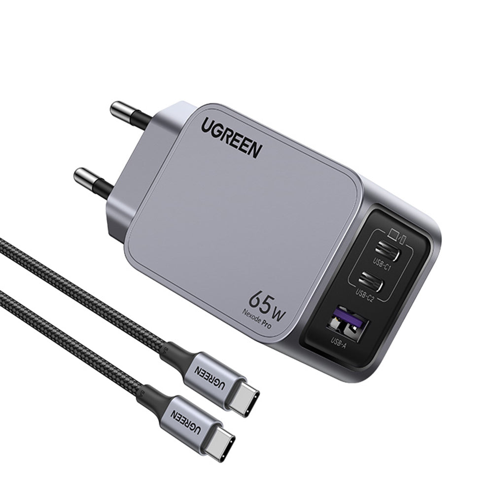 Carregador de Rede com Cabo USB-C UGREEN X755 Nexode Pro, 65W, 3A, 1 x USB-A - 2 x USB-C, Cinzento