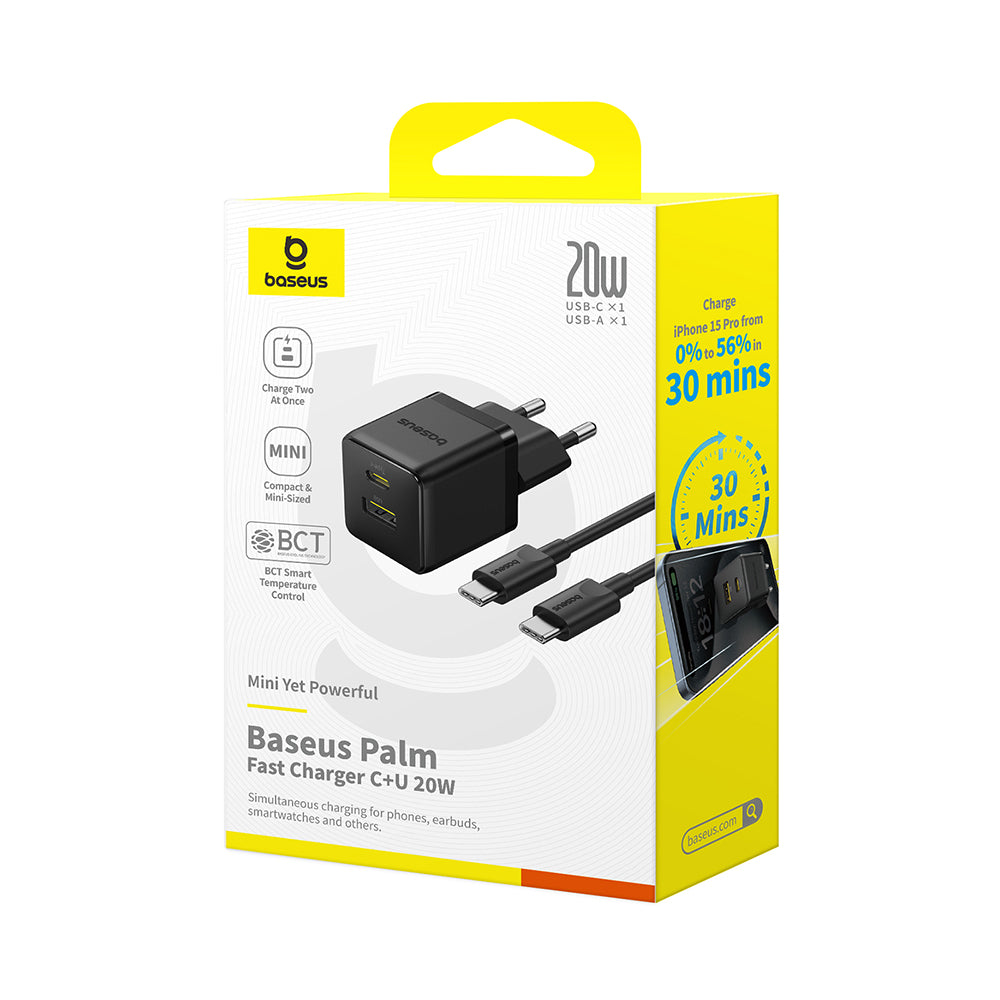 Carregador de Rede com Cabo USB-C Baseus Palm, 20W, 3A, 1 x USB-A - 1 x USB-C, Preto P10111608113-01