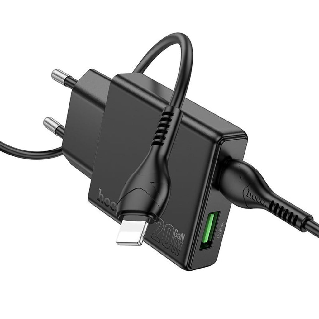 Carregador de Rede com Cabo Lightning HOCO N38, 20W, 3A, 1 x USB-A - 1 x USB-C, Preto
