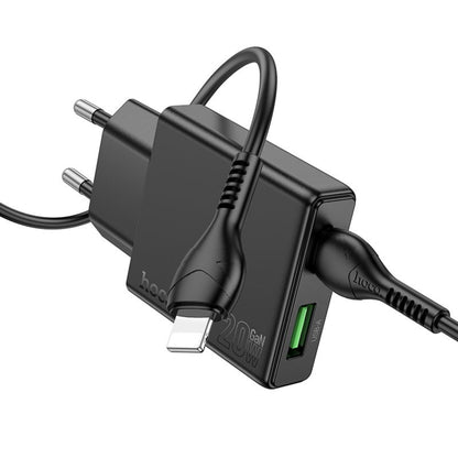 Carregador de Rede com Cabo Lightning HOCO N38, 20W, 3A, 1 x USB-A - 1 x USB-C, Preto