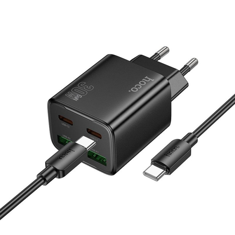 Carregador de Rede com Cabo USB-C HOCO N56, 30W, 3A, 2 x USB-A - 2 x USB-C, Preto