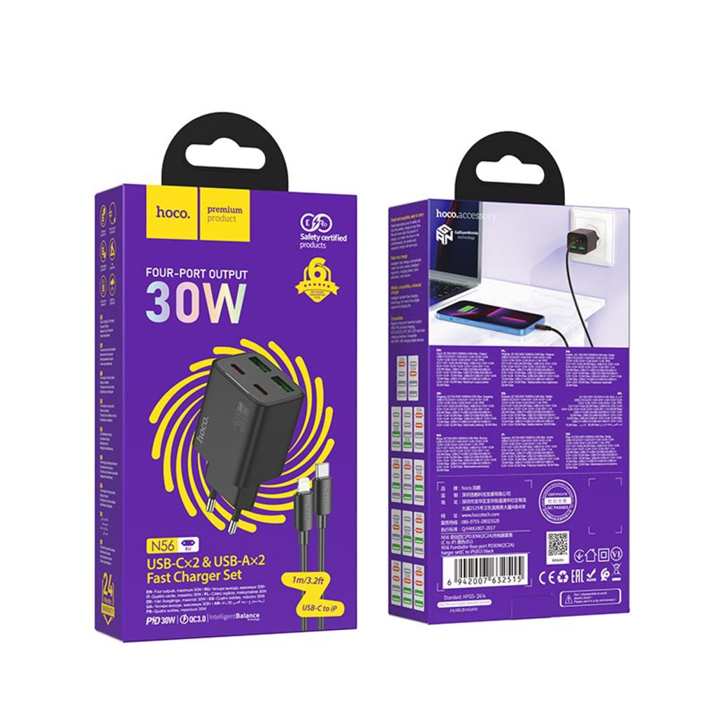 Carregador de Rede com Cabo Lightning HOCO N56, 30W, 3A, 2 x USB-A - 2 x USB-C, Preto