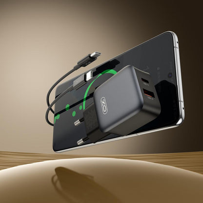 Carregador de Rede com Cabo USB-C XO Design L156, 30W, 3A, 1 x USB-A - 1 x USB-C, Preto