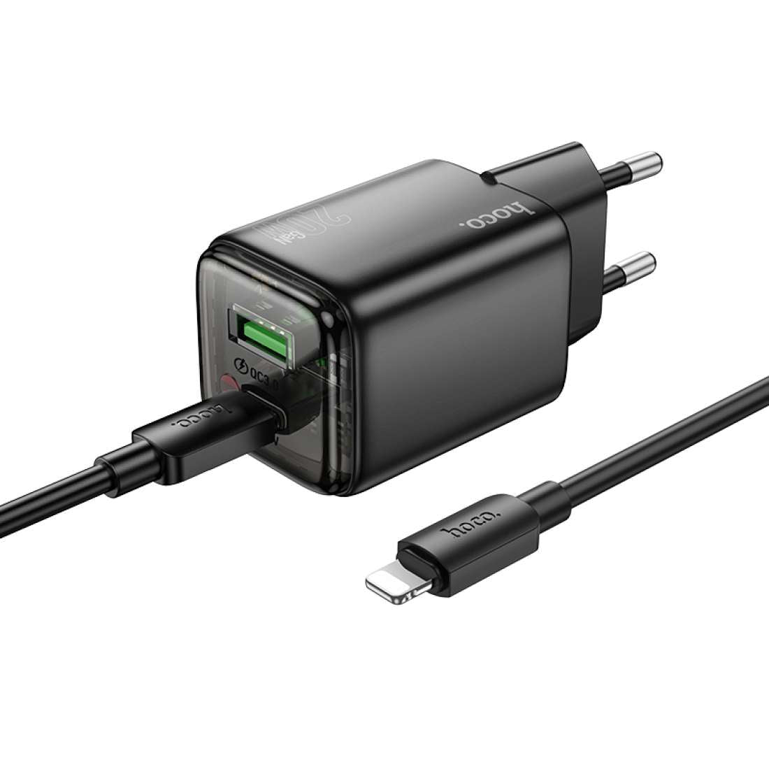 Carregador de Rede com Cabo Lightning HOCO N52, 20W, 3A, 1 x USB-A - 1 x USB-C, Preto