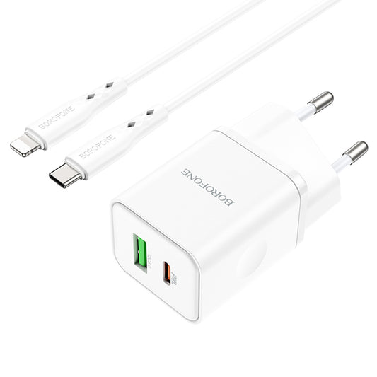 Carregador de Rede com Cabo Lightning Borofone BN7, 20W, 3A, 1 x USB-A - 1 x USB-C, Branco