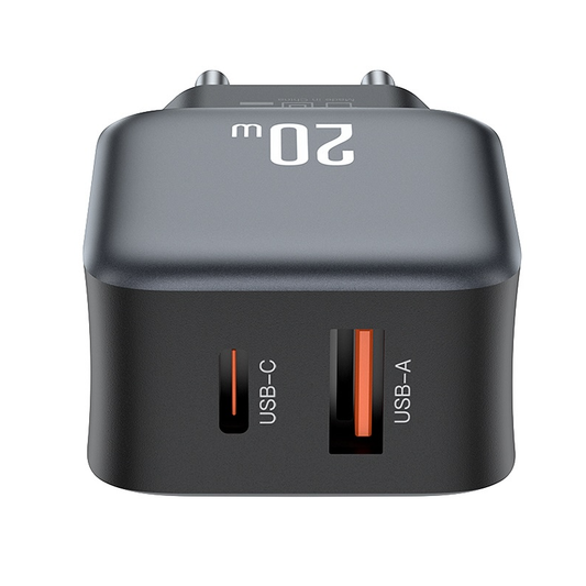 Carregador de Rede com Cabo Lightning XO Design L154, 20W, 3A, 1 x USB-A - 1 x USB-C, Preto