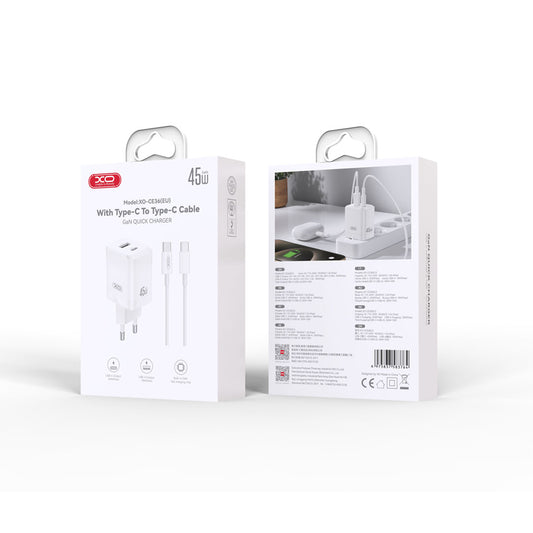Carregador de Rede com Cabo USB-C XO Design CE36, 45W, 3A, 1 x USB-A - 1 x USB-C, Branco