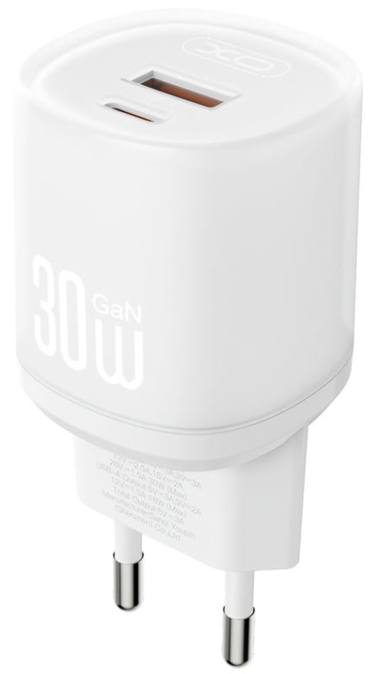 Carregador de Rede com Cabo USB-C XO Design L151, 30W, 3A, 1 x USB-A - 1 x USB-C, Branco