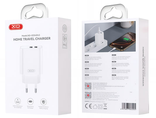 Carregador de Rede com Cabo Lightning XO Design CE34, 12W, 2.4A, 2 x USB-A, Branco