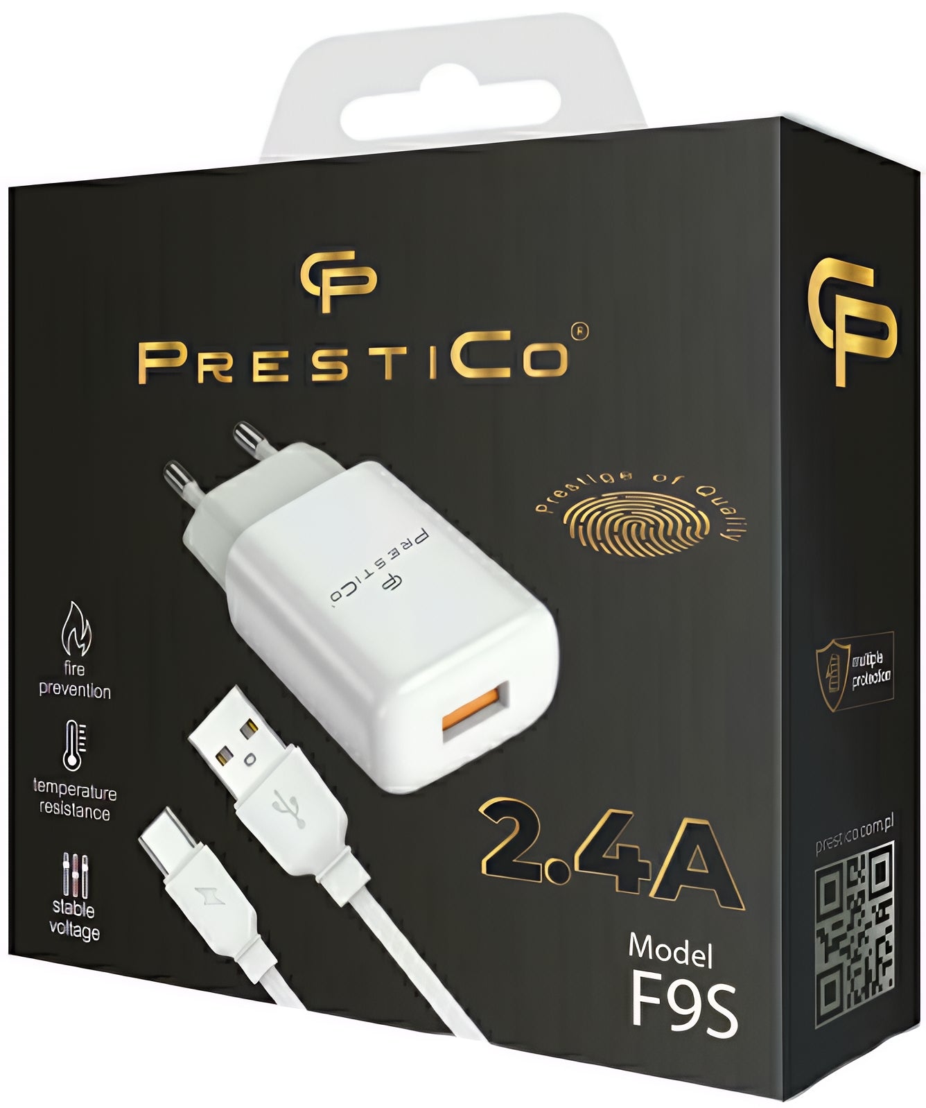 Carregador de Rede com Cabo USB-C Prestico F9S, 12W, 2.4A, 1 x USB-A, Branco