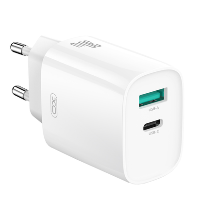 Carregador de Rede com Cabo Lightning XO Design CE30, 30W, 3A, 1 x USB-A - 1 x USB-C, Branco