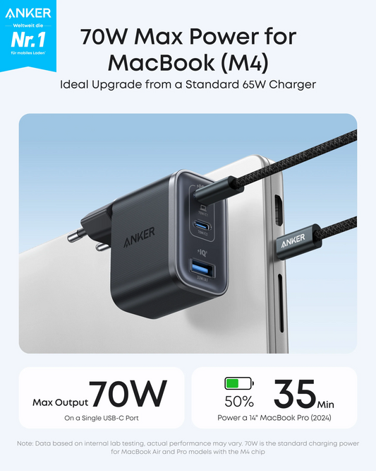Carregador de Rede com Cabo USB-C Anker Nano, 70W, 3.5A, 1 x USB-A - 2 x USB-C, Cinza B121A311