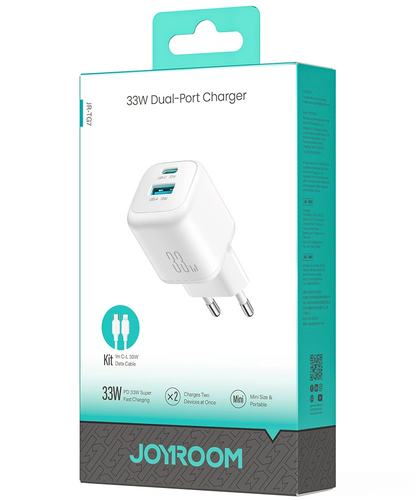 Carregador de Rede com Cabo Lightning Joyroom JR-TG7, 33W, 3A, 1 x USB-A - 1 x USB-C, Branco