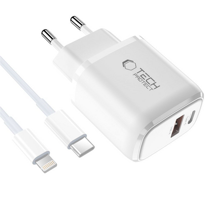 Tech-Protect NCA20 Lightning Cable Wall Charger, 20W, 3A, 1 x USB-A - 1 x USB-C, White