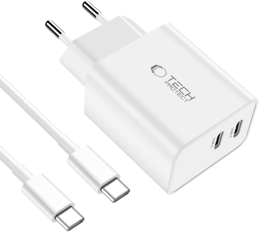 Carregador de Rede com Cabo USB-C Tech-Protect C35W, 35W, 3A, 2 x USB-C, Branco