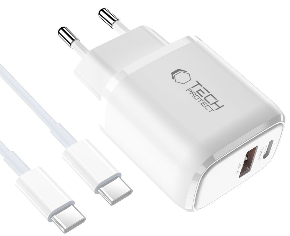 Carregador de Rede com Cabo USB-C Tech-Protect NCA20, 20W, 3A, 1 x USB-A - 1 x USB-C, Branco