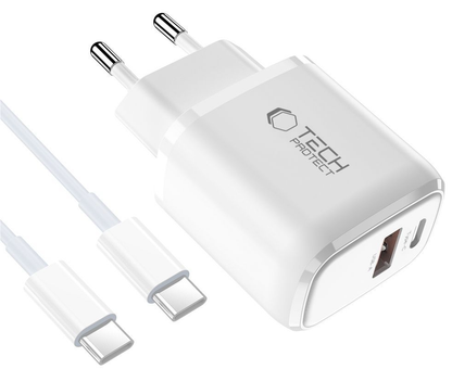 Carregador de Rede com Cabo USB-C Tech-Protect NCA20, 20W, 3A, 1 x USB-A - 1 x USB-C, Branco