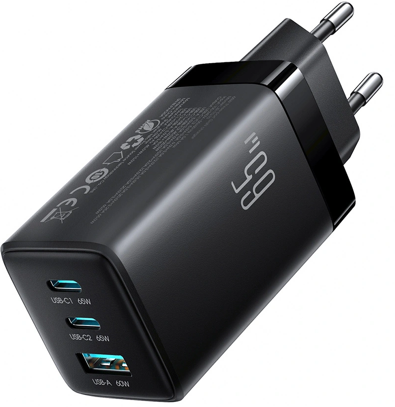 Carregador de Rede com Cabo USB-C Joyroom JR-TG10, 65W, 3.25A, 1 x USB-A - 2 x USB-C, Preto