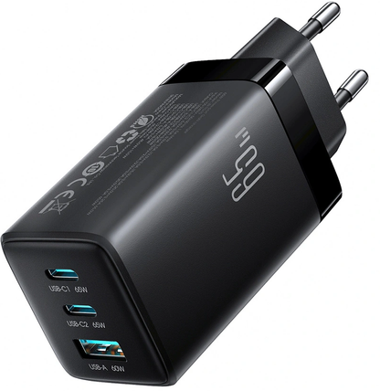 Carregador de Rede com Cabo USB-C Joyroom JR-TG10, 65W, 3.25A, 1 x USB-A - 2 x USB-C, Preto