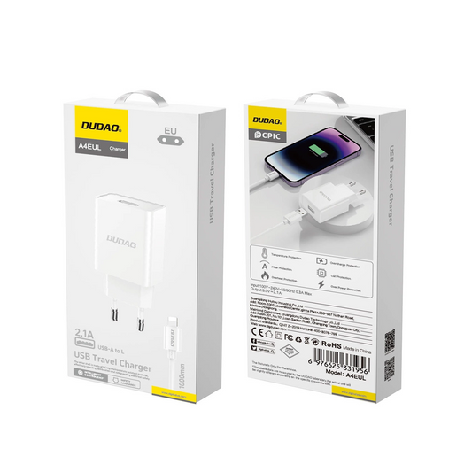 Carregador de Rede com Cabo Lightning Dudao A4EU, 10W, 2.1A, 1 x USB-A, Branco
