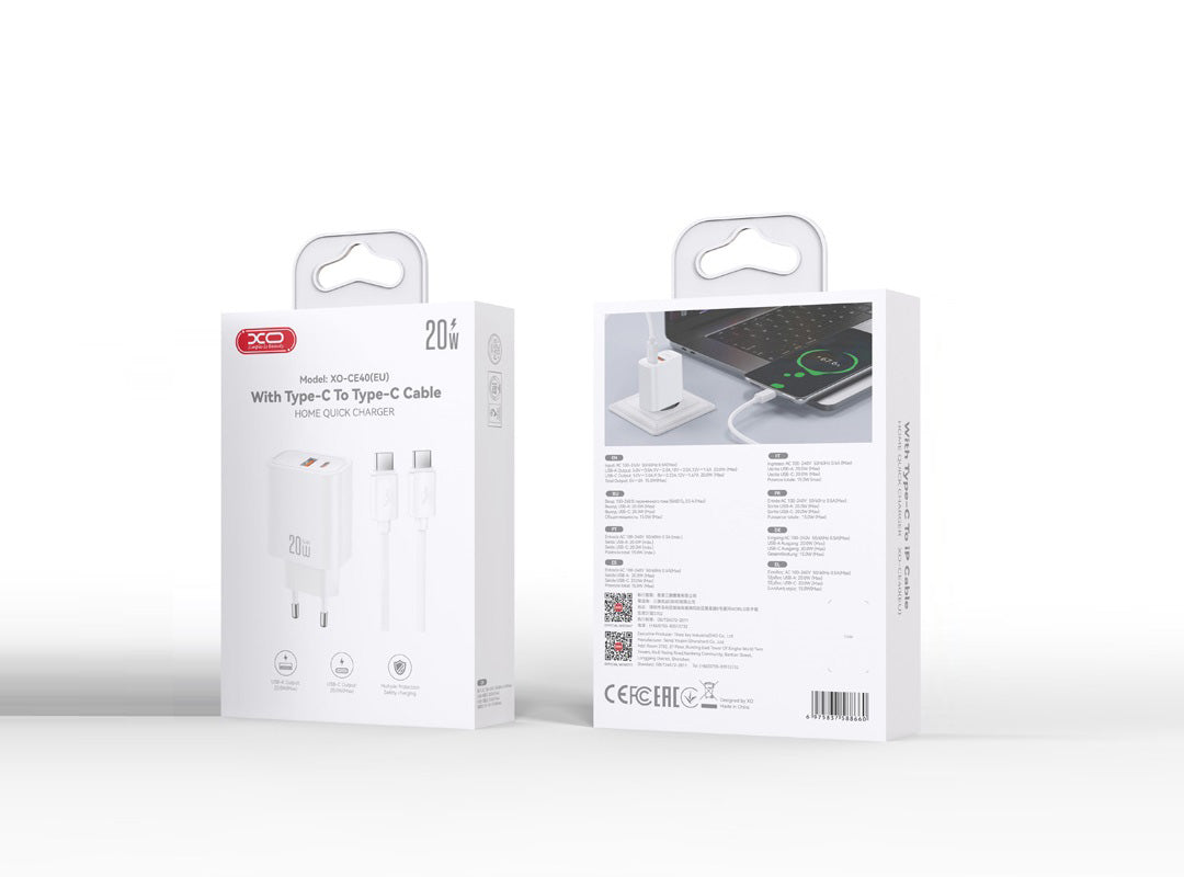 Carregador de Rede com Cabo USB-C XO Design CE40, 20W, 3A, 1 x USB-A - 1 x USB-C, Branco