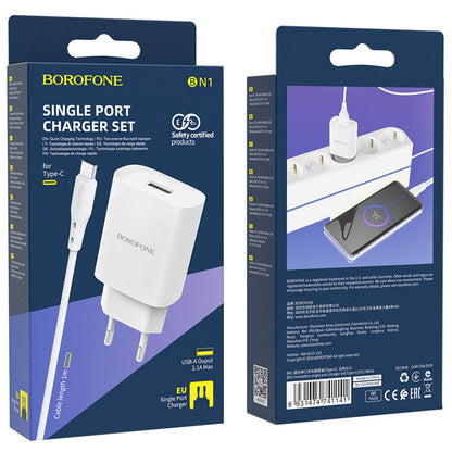 Carregador de rede com cabo USB-C Borofone BN1, 10 W, 2,1 A, 1 x USB-A, branco