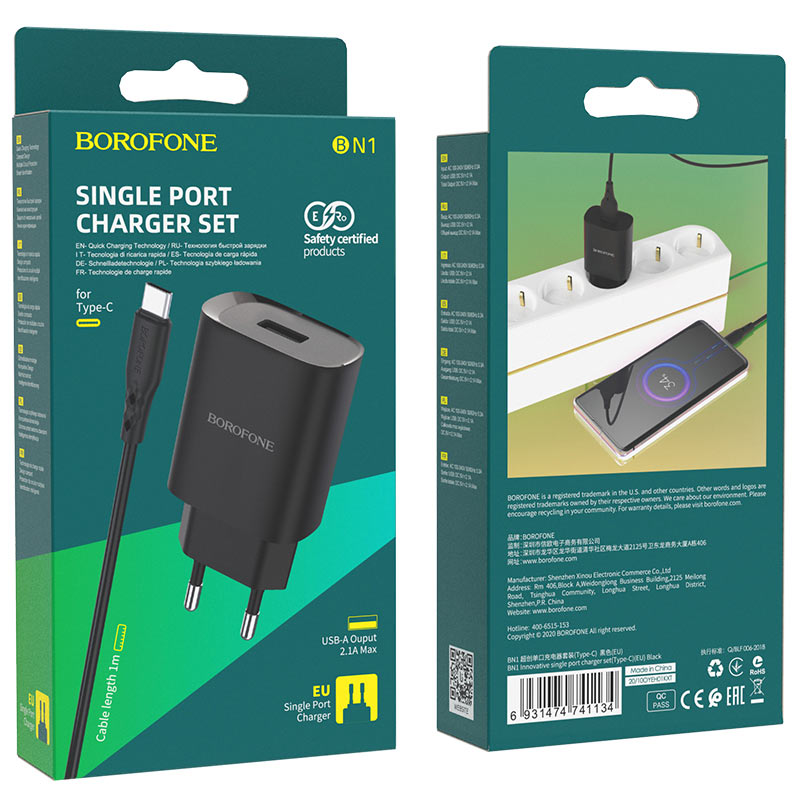 Carregador de rede com cabo USB-C Borofone BN1, 10 W, 2,1 A, 1 x USB-A, preto