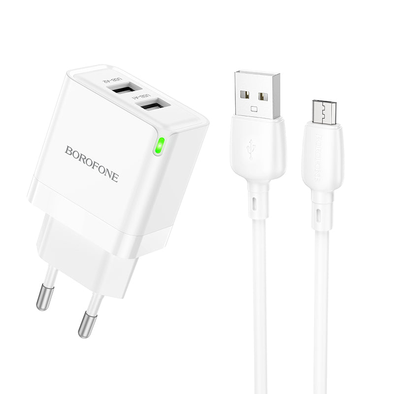 Carregador de rede com cabo microUSB Borofone BN15 Strong, 10,5 W, 2,1 A, 2 x USB-A, branco 