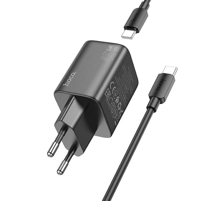 Carregador de rede com cabo USB-C HOCO N42, 45W, 3A, 2 x USB-C, preto 