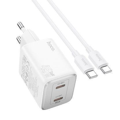 Carregador de rede com cabo USB-C HOCO N42, 45W, 3A, 2 x USB-C, branco 