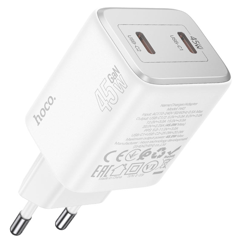 Carregador de rede com cabo Lightning HOCO N42, 45W, 3A, 2 x USB-C, branco 