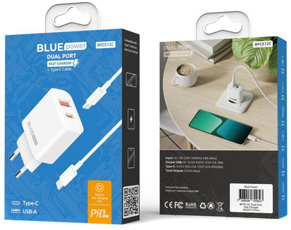 Carregador de rede com cabo USB-C Blue Power BPCE12C BPCE12C, 20W, 3A, 1 x USB-A - 1 x USB-C, branco 